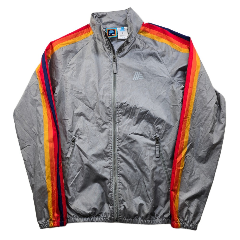 Aldi Windbreaker Jacket Mens Small Gray Rainbow Stripe‎ Full Zip Retro